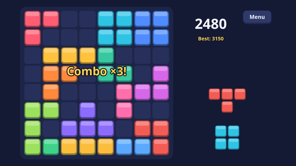 Block Puzzle gameplay: colourful blocks on an eight by eight board, a piece being dragged into a gap, and a combo.