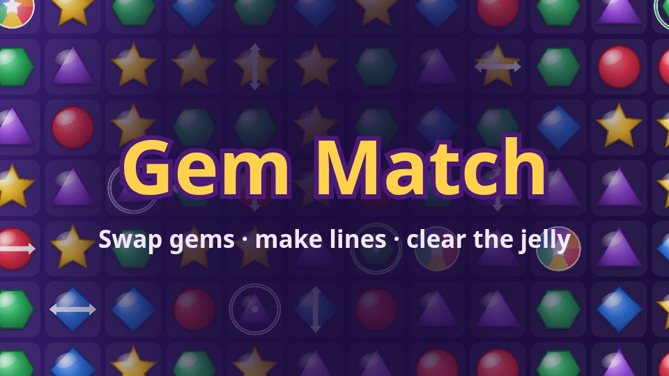Gem Match: a board of red, yellow, green, blue and purple gems, with a striped gem, a bomb and a rainbow gem.