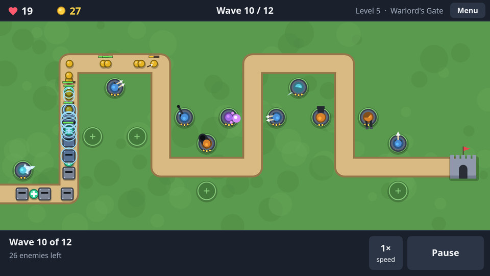 Tower Defence: towers firing at a column of enemies marching along a winding road towards a city.